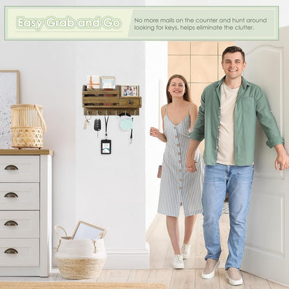VIS'V Key Holder Wall Mount, Wooden Mail and Key Organizer, White | Contains Little Drawer, Small Shelf, 2 Slots, 6 Hooks, for Entryway, Hallway, Doorway, Kitchen, Garage, RV