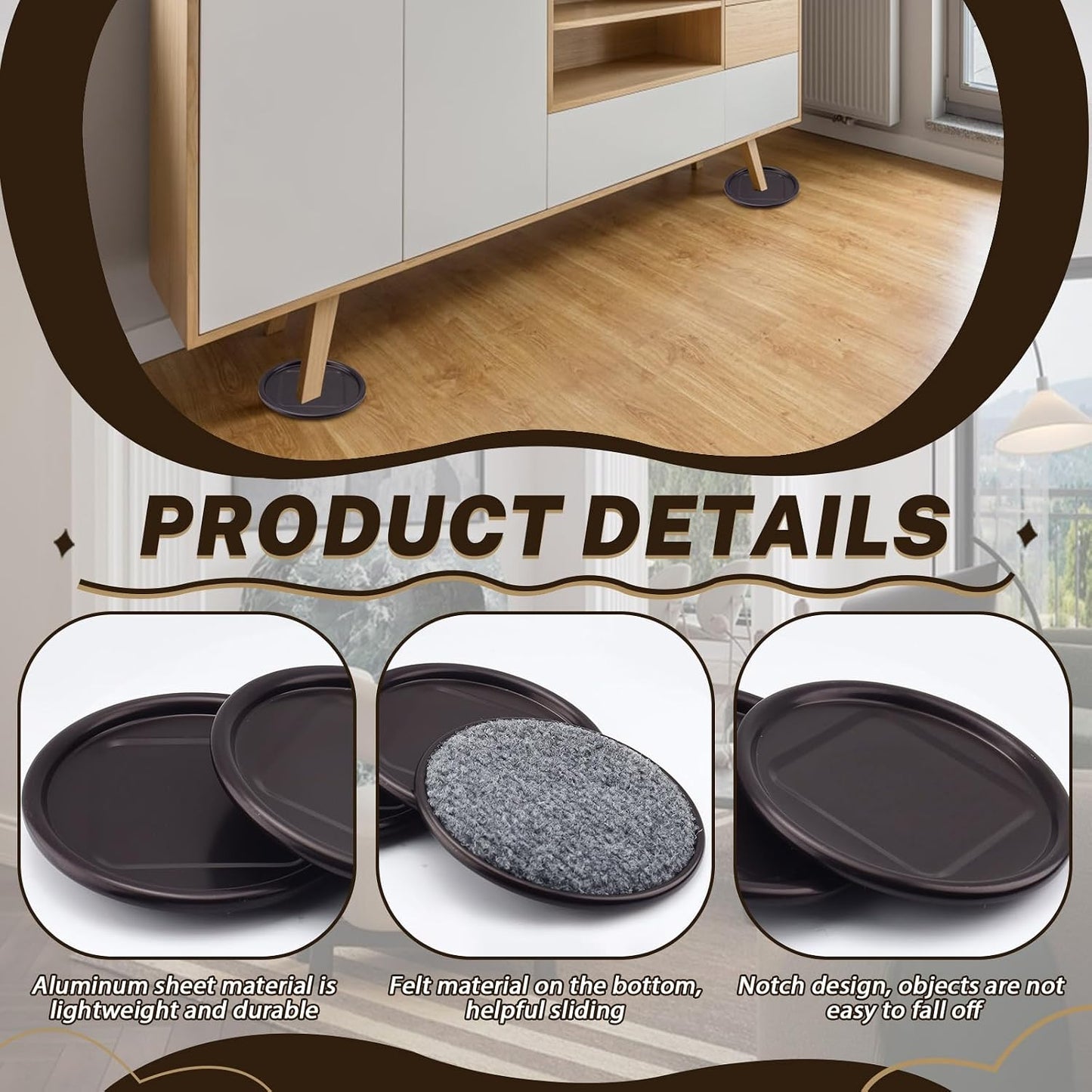 ASTIMESA 8 Pieces 3" Square Furniture Sliders, Heavy Duty Furniture Pads Cups with Carpet Base, Reusable Floor Protectors for Hardwood Vinyl Tile Couch Table Chair Bottom (Brown) (78mm, Square)