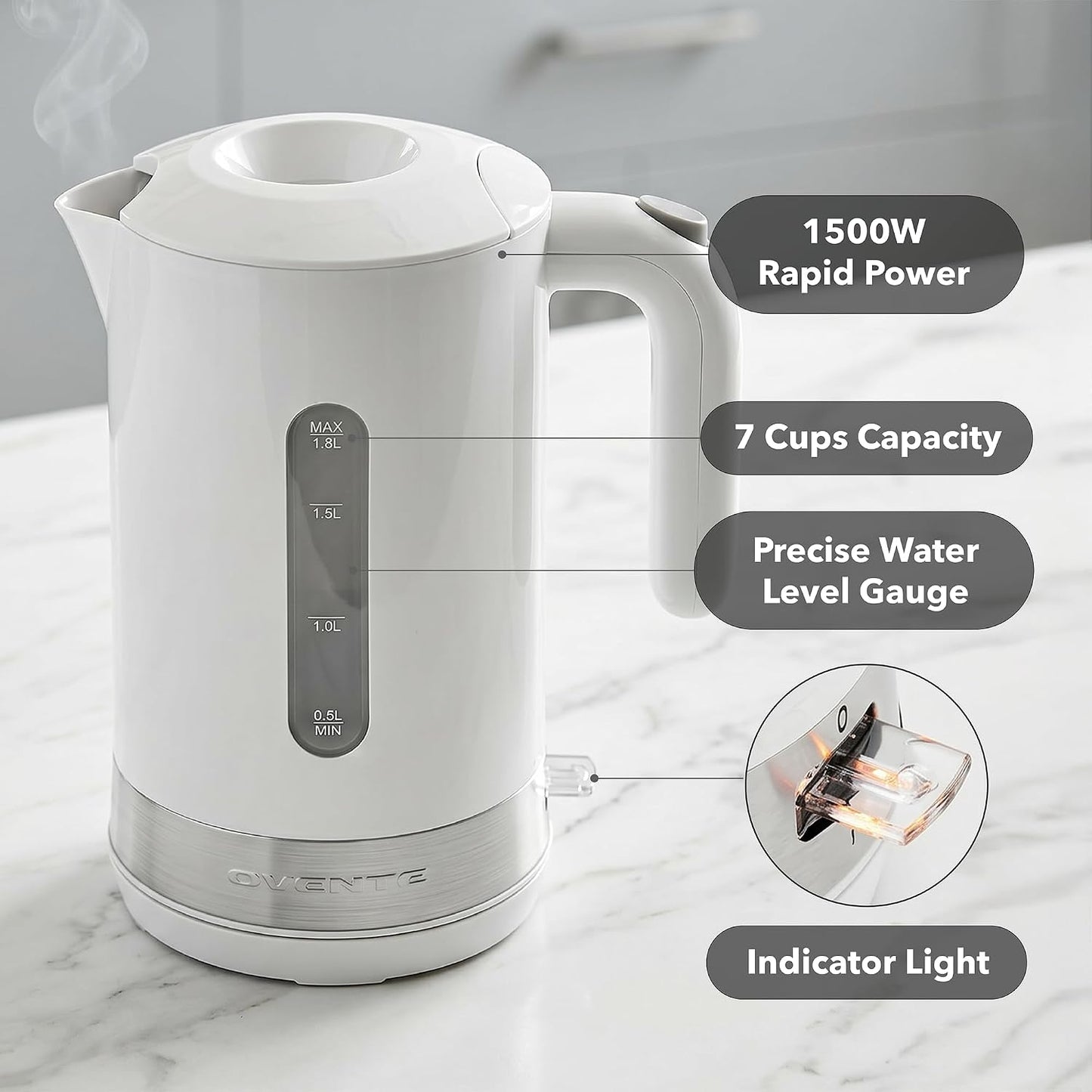 OVENTE 1.8L Electric Kettle with 1500W Fast Boiling Heater, Black KP413B | Best For Coffee or Tea, BPA-Free, Easy-Fill Lid, Water Level Window, Auto Shut-Off & Boil-Dry Protection, Removable Filter