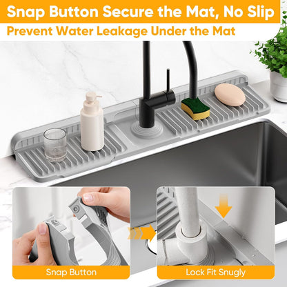 24'' Longer Faucet Mat for Kitchen Sink Splash Guard[7° Slope Fast Self-draining][Snap Lock Fit]Kitchen Sink Faucet Mat Splash Guard Kitchen Sink Area Water Splash Guard Behind Faucet Draining Mat