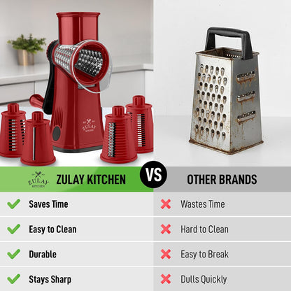 Zulay Kitchen Rotary Cheese Grater 5 Blade Cheese Shredder - Manual Hand Crank Cheese Grater With Reinforced Suction & 5 Interchangeable Drums - Easy to Use, Vegetable Chopper Round Mandoline Slicer - Colors A
