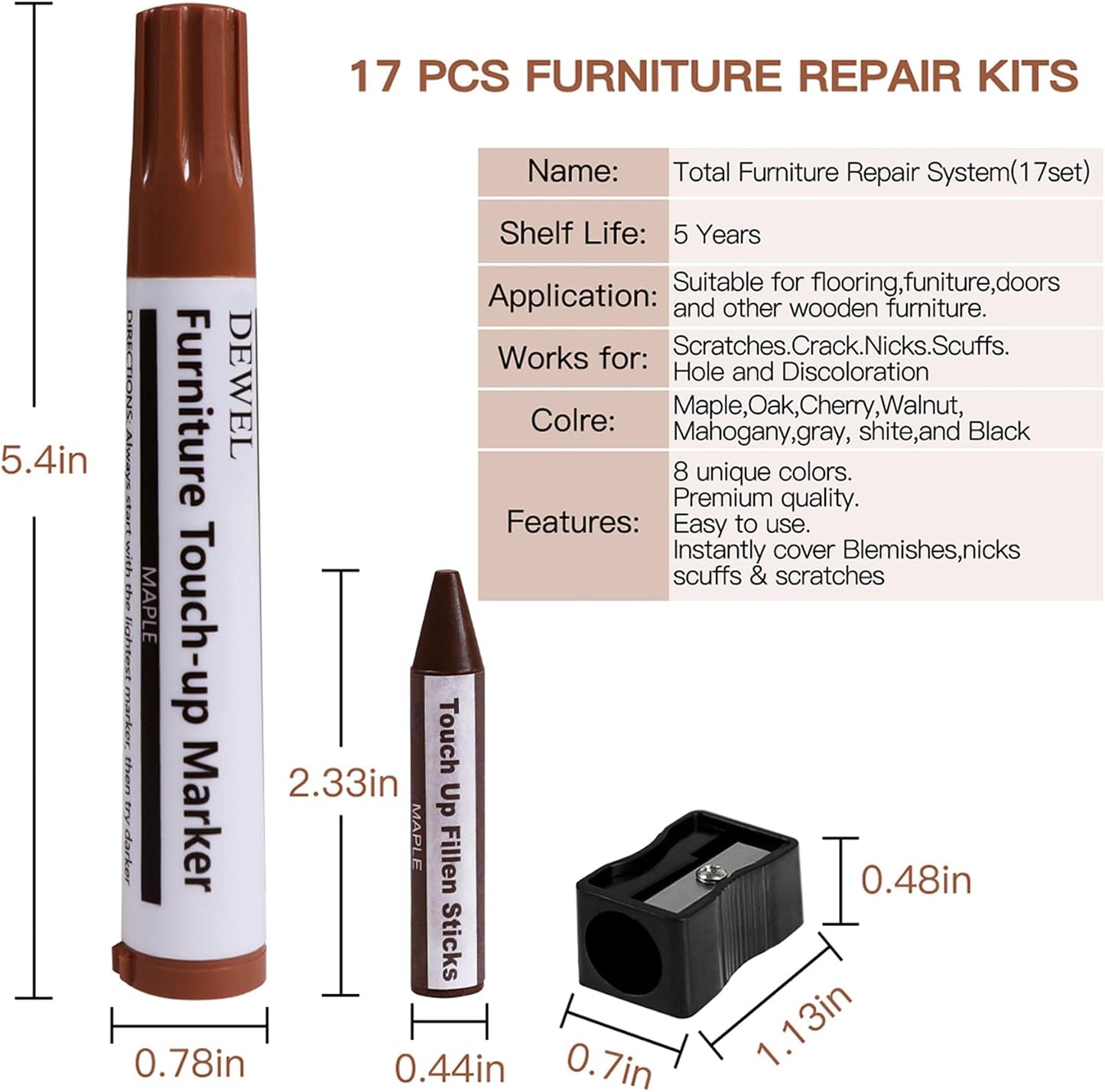 DEWEL Furniture Touch Up Markers, 17-Piece Wood Repair Kit with Wax Sticks | 8 Wood Touch Up Markers + 8 Wax Filler Sticks + Sharpener; Maple, Oak, Cherry, Walnut, Mahogany, White, Gray & Black