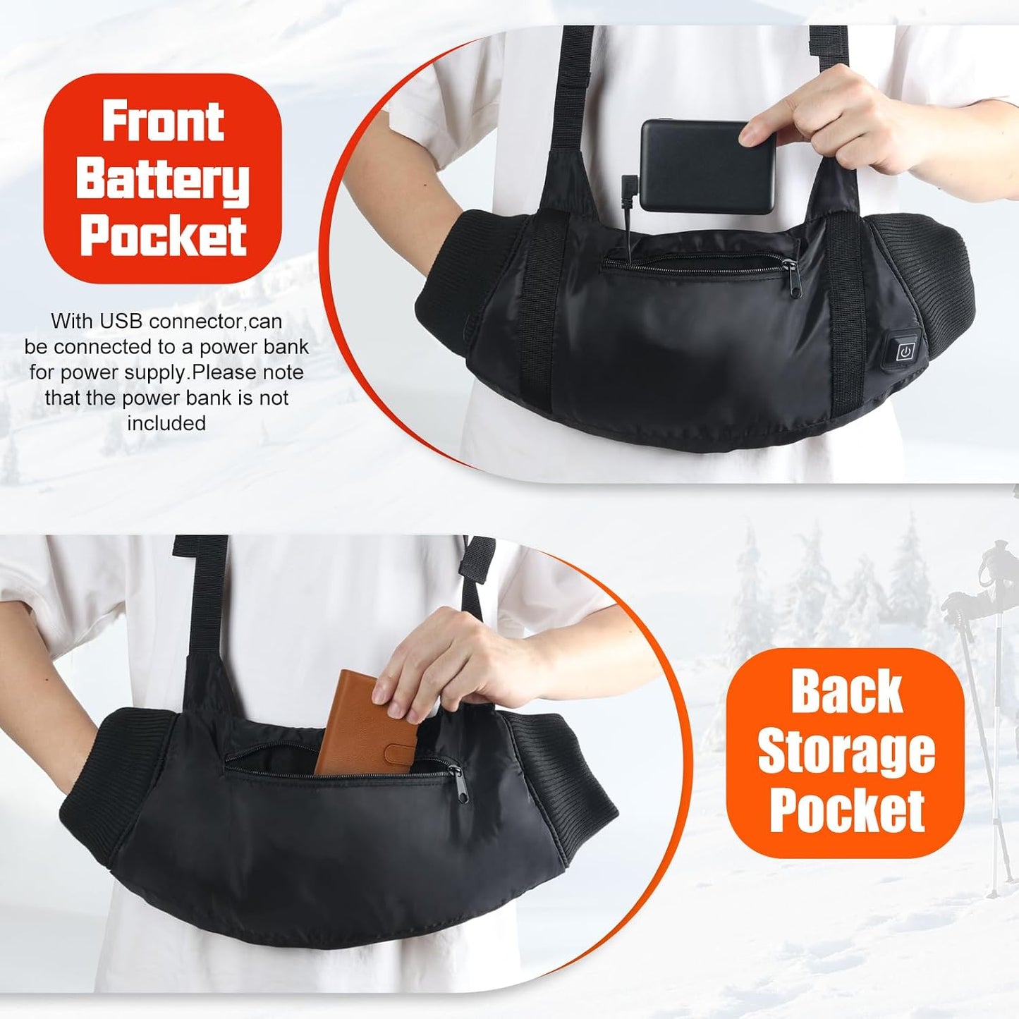 10000mAh Heated Hand Warmers Pouch(Includes Power Bank) | Electric Heated Hand Muff with 3-Level Heat Setting, Rechargeable Power Bank, Adjustable Strap, 2 Pocket for Hunting, Camping