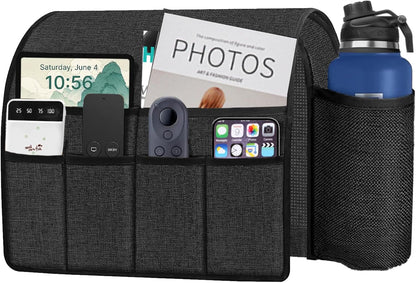 Ntomtuex Sofa Armchair Caddy Remote Control Holder with Water Bottle for Couch Recliner, Armrest Organizer with 7-Pocket Design for Magazines, Eyeglasses, iPad, Phone, Dark Grey