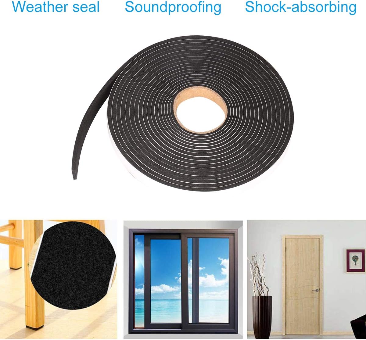 2 Rolls Foam Seal Tape for Door Window Insulation, Soundproof and Shockproof Foam Adhensive Strip, 3/8" Wx3/16 T Single Sided Foam Tape, Cold Air and Draft Closed Cell Seal Strip,Total 32FT