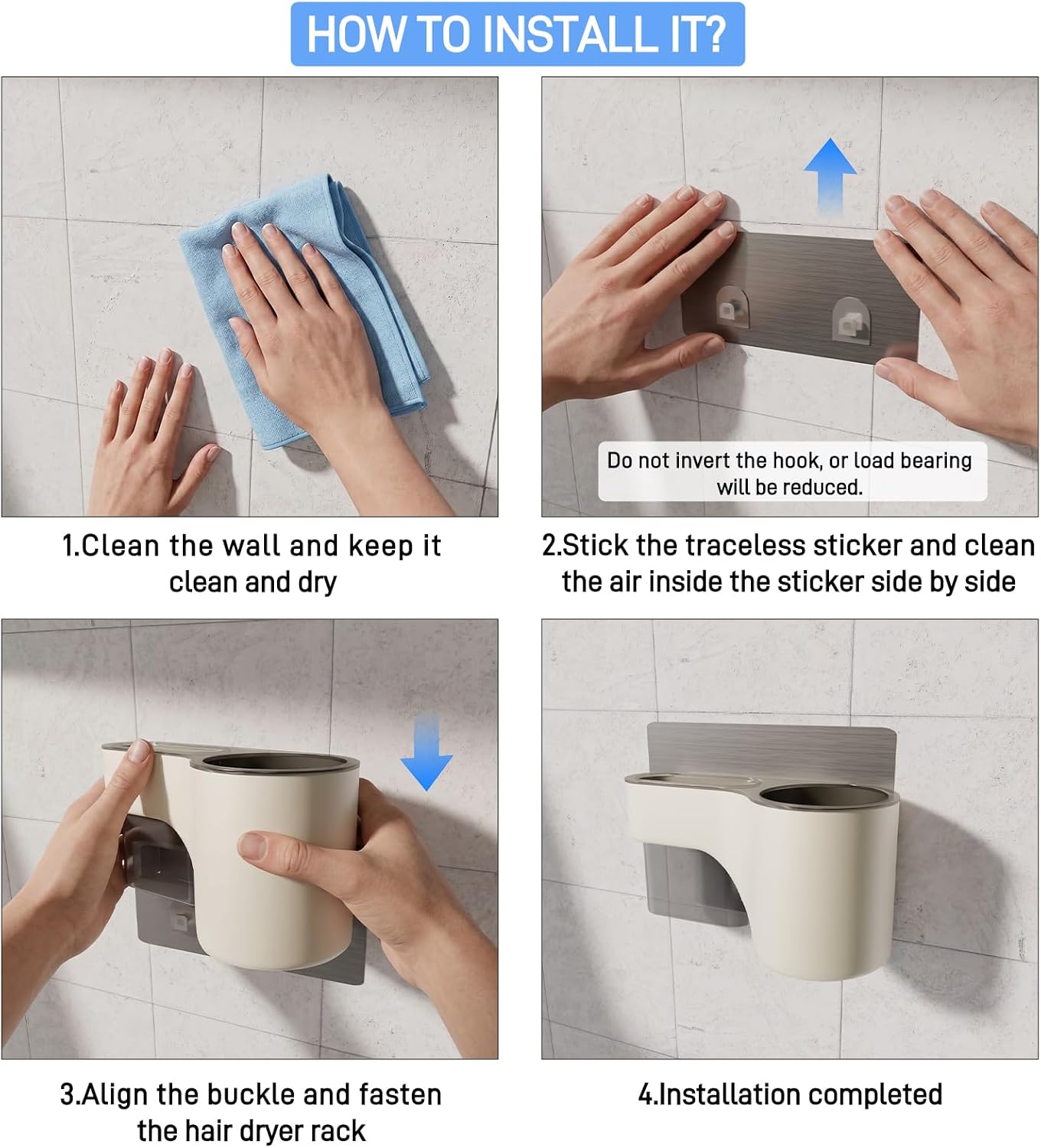 Hair Dryer Holder Wall Mounted, No Drill Hair Dryer Storage | Adhesive multi-compartment organizer: space-saving, durable, easy-clean. Perfect for tidy bathrooms and cabinet doors.