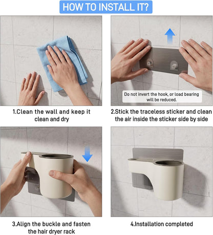 Hair Dryer Holder Wall Mounted, No Drill Hair Dryer Storage | Adhesive multi-compartment organizer: space-saving, durable, easy-clean. Perfect for tidy bathrooms and cabinet doors.