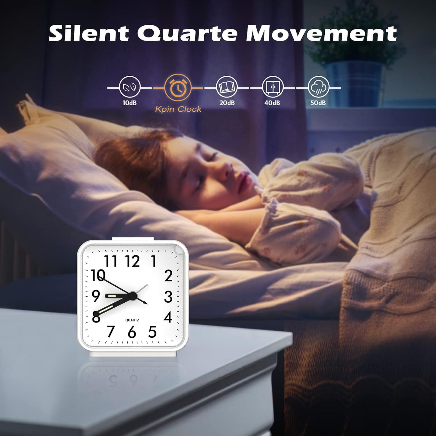 Analog Alarm Clock, Bedside Clocks Battery Powered, Silent Non Ticking Travel Clock with Night Light, Snooze, Easy Set, Clock for Heavy Sleepers Kids Elder Travel Bedroom Office, Pink