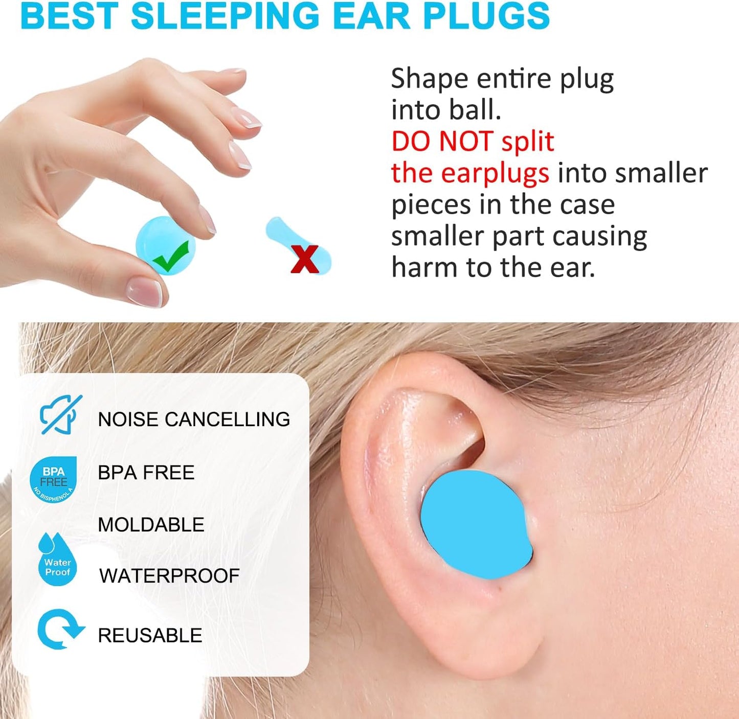 Ear Plugs for Sleeping, Waterproof Moldable Silicone EarPlugs for Sleeping Noise Cancelling, Mowing, Swimming and Concerts, 8 Pair (16 Count)