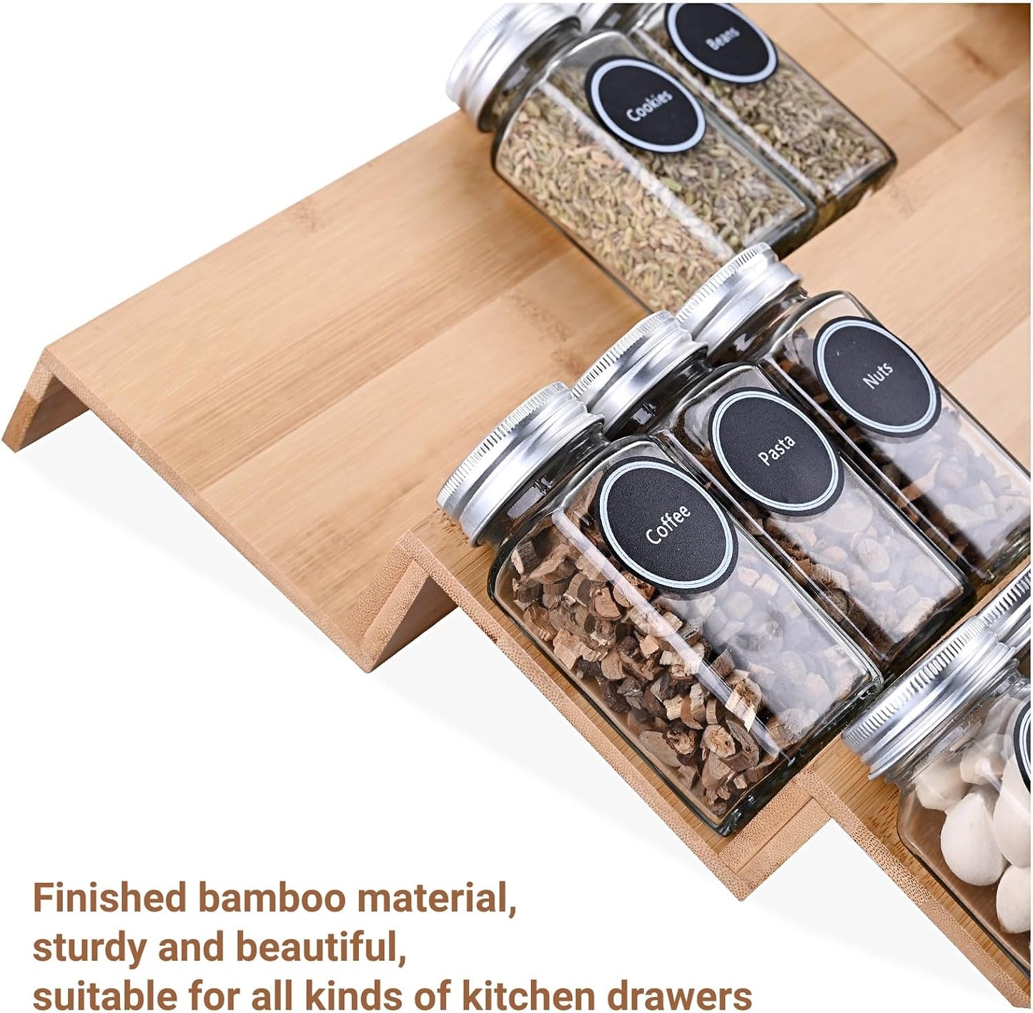 Bamboo Spice Rack Tray - Spice Drawer Organizer for Kitchen Cabinets Storage and Organization (Jars Not Included, 8 Individual Pieces, Not Adjustable)