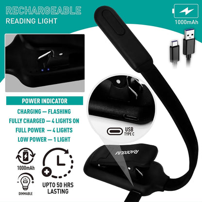 Rechargeable Book Light for Reading - 9LED Eye-Caring Clip Light w/ 9 Color Temp, Stepless Dimming, 50H Battery, USB-C, Ultra Slim - Gift for Book Lovers (Black)