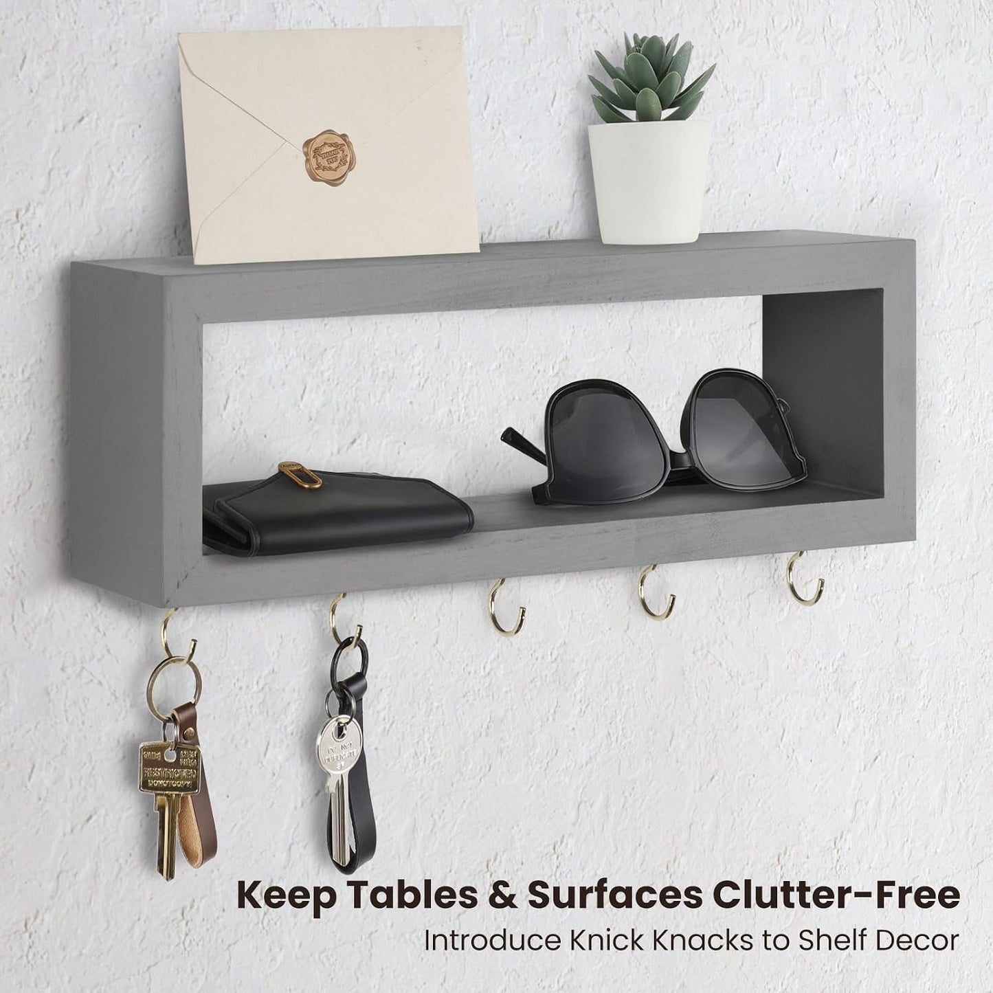 Lwenki Wall Shelf with Hooks - Decorative Key and Wallet Holder for Wall Holds Sunglasses, Leashes, Scarves and Lanyards - 15.7" x 5.1" x 2.9" Entryway Organizer Made of Paulownia Wood (White)