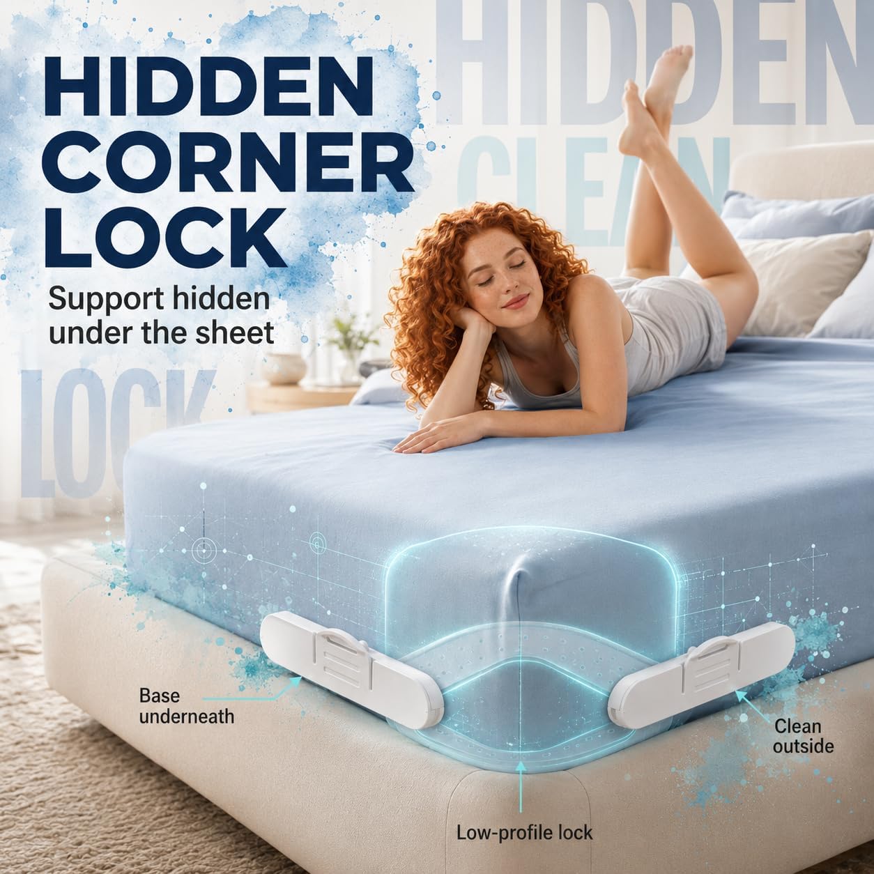 Bed Sheet Holders for Corners, Fitted Sheet Holder with Lock Strips, Hidden Corner Sheet Lock System, Sheet Locks for Fitted Sheets, No Metal Clips, 4 Corner Bases + 8 Lock Strips