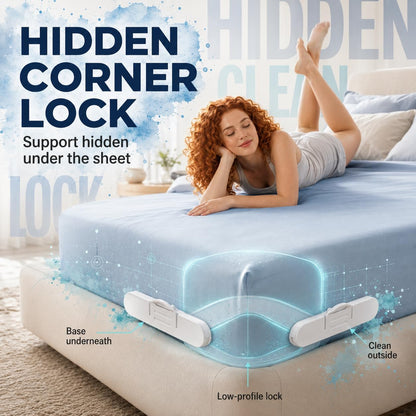 Bed Sheet Holders for Corners, Fitted Sheet Holder with Lock Strips, Hidden Corner Sheet Lock System, Sheet Locks for Fitted Sheets, No Metal Clips, 4 Corner Bases + 8 Lock Strips
