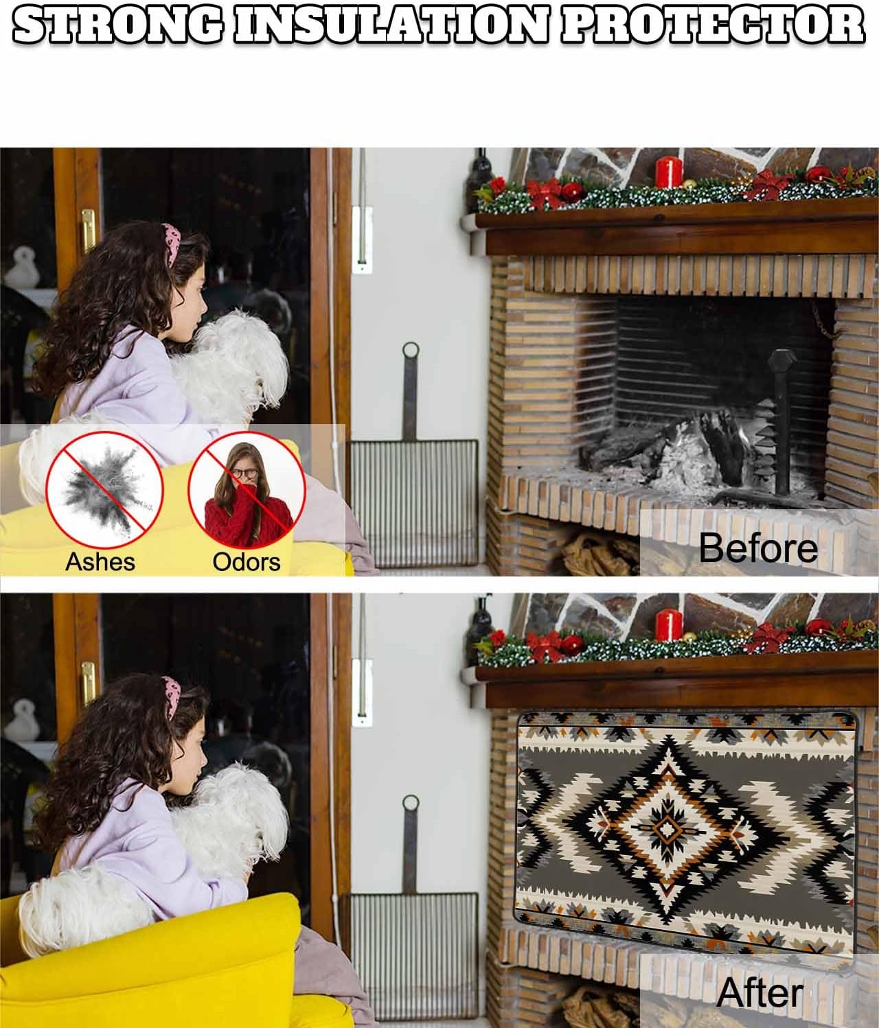Western Aztec Magnetic Fireplace Cover Decorative Indoor For Brick Fireplace, Rustic Tribal Southwestern Boho Ethnic Insulation Fireplace Blocker Blanket Draft Stop Hot Heat Save Energy, 36"Wx27"H