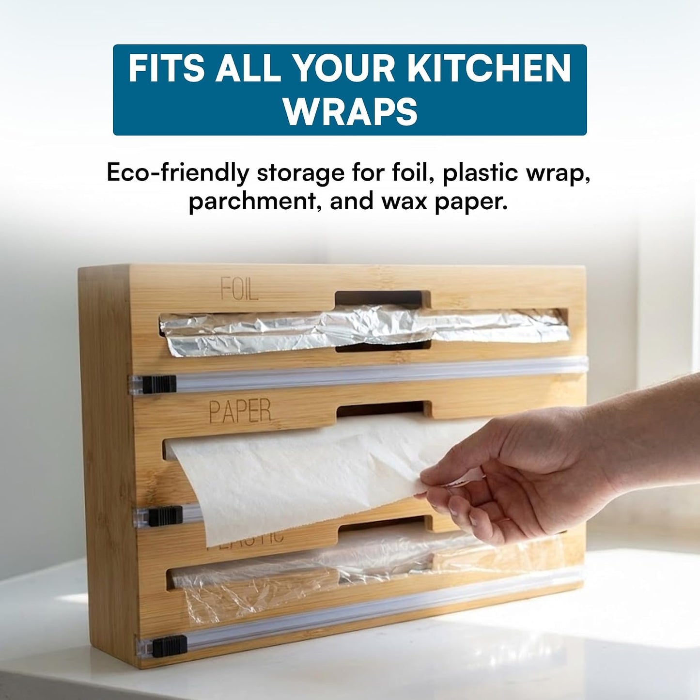 Honey-Can-Do Bamboo Wrap Organizer with Safety Cutter — 3-in-1 Drawer Holder for Aluminum Foil, Wax & Parchment Paper, and Plastic Wrap (Fits 12" Rolls)