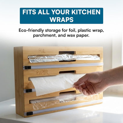 Honey-Can-Do Bamboo Wrap Organizer with Safety Cutter — 3-in-1 Drawer Holder for Aluminum Foil, Wax & Parchment Paper, and Plastic Wrap (Fits 12" Rolls)