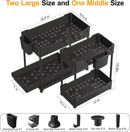 3-Pack 2-Tier Under Sink Organizers with Sliding Drawers | Multi-use kitchen & bathroom storage, 12.8 inch black cabinet organizer, space-saving sliding drawer design.