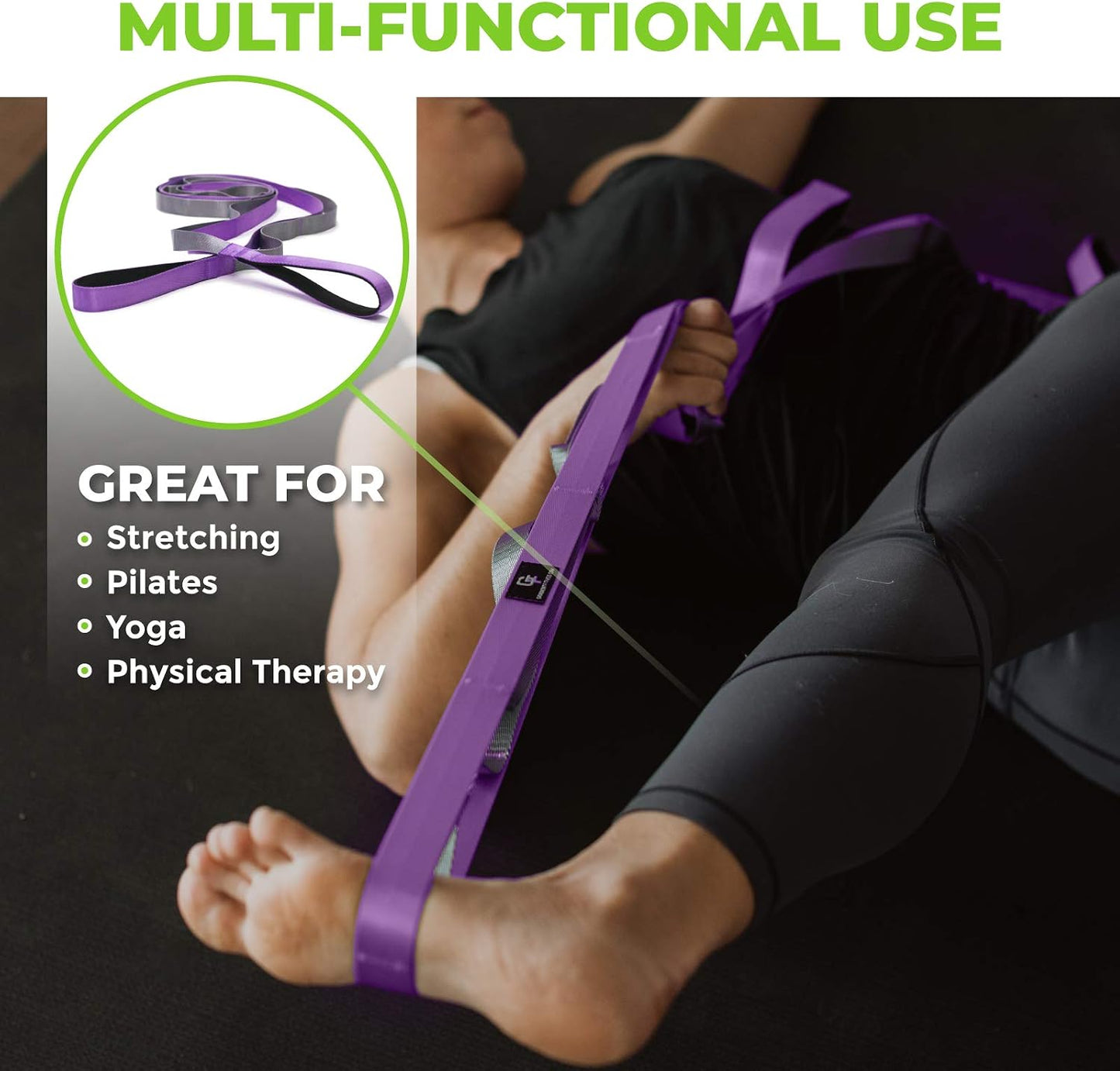 Stretching Strap for Physical Therapy, 12 Multi-Loop Stretch Strap 1" W x 8' L, Neoprene Handles, Physical Therapy Equipment, Yoga Straps for Stretching, Leg Stretcher.