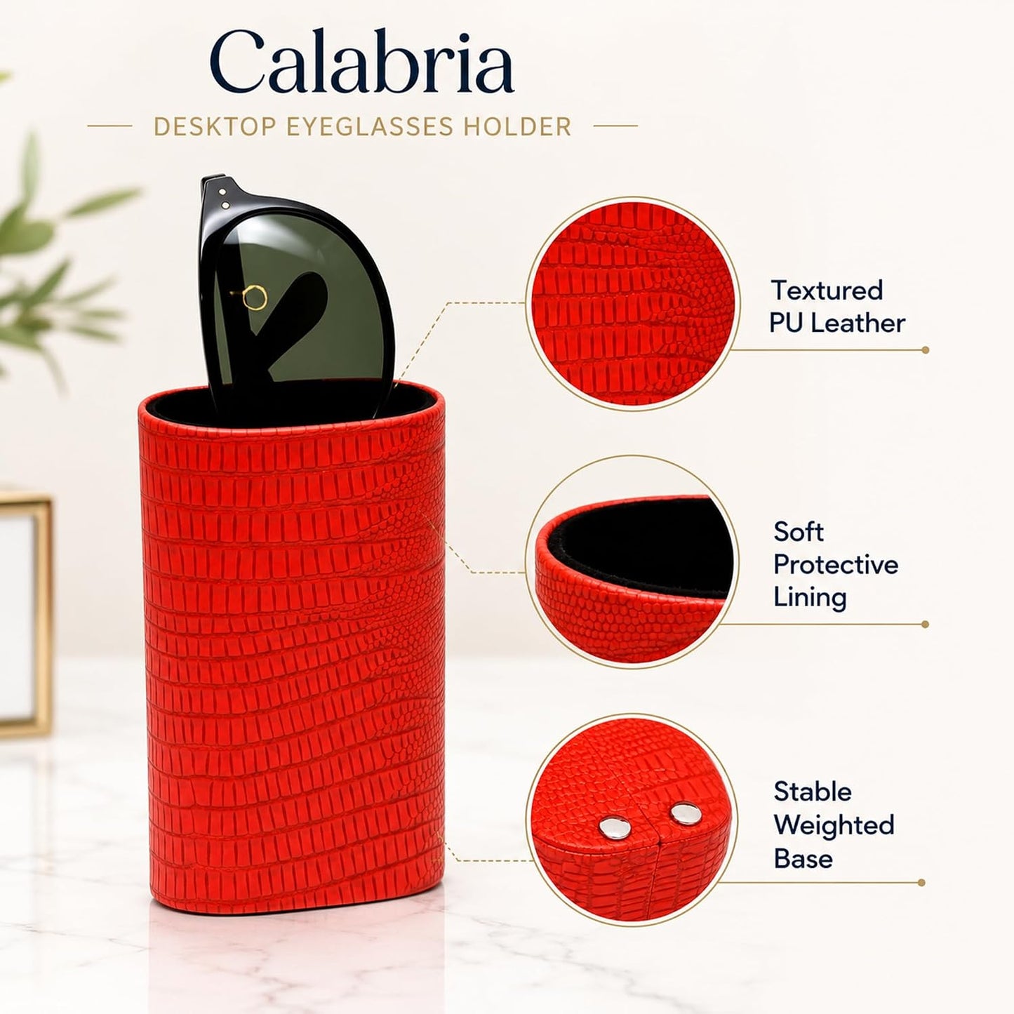 Calabria Desktop Eye Glasses Holder Soft Lining Weighted Base Eyeglasses Stand Case Desks Nightstands PU Leather Mens Womens