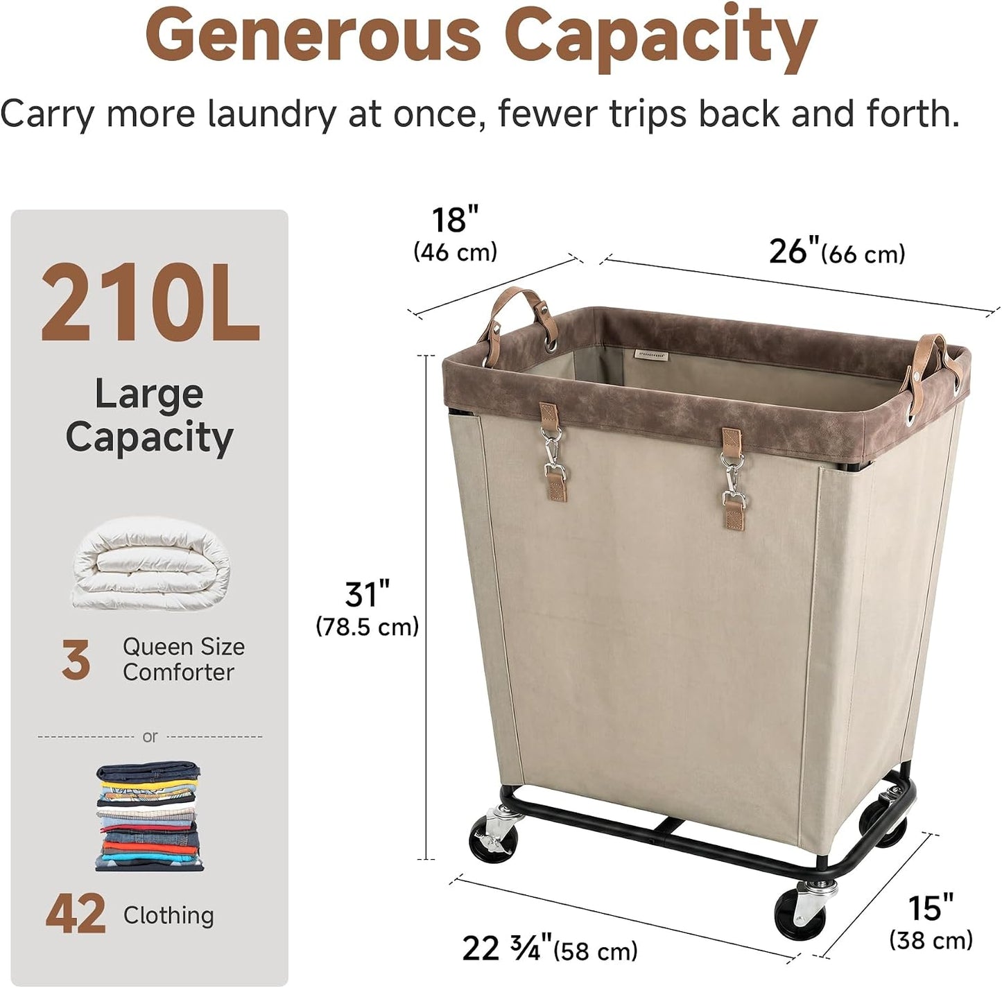 StorageWorks 160L Laundry Basket with Wheels, Rolling Hampers for Clothing | Beige Laundry Basket with Wheels, Metal Frame & Handles, Rolling Hamper for Bedroom, Bathroom, Dorm, Hotel