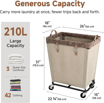 StorageWorks 160L Laundry Basket with Wheels, Rolling Hampers for Clothing | Beige Laundry Basket with Wheels, Metal Frame & Handles, Rolling Hamper for Bedroom, Bathroom, Dorm, Hotel