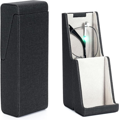 Vemiss Flip-top Glasses Case, Hard Shell Eyeglass Cases & Phone Stand | Unfolds As Phone/Pen Holder. For Desk, Nightstand, Vintage PU Leather, Eye Glass Case for Men Women