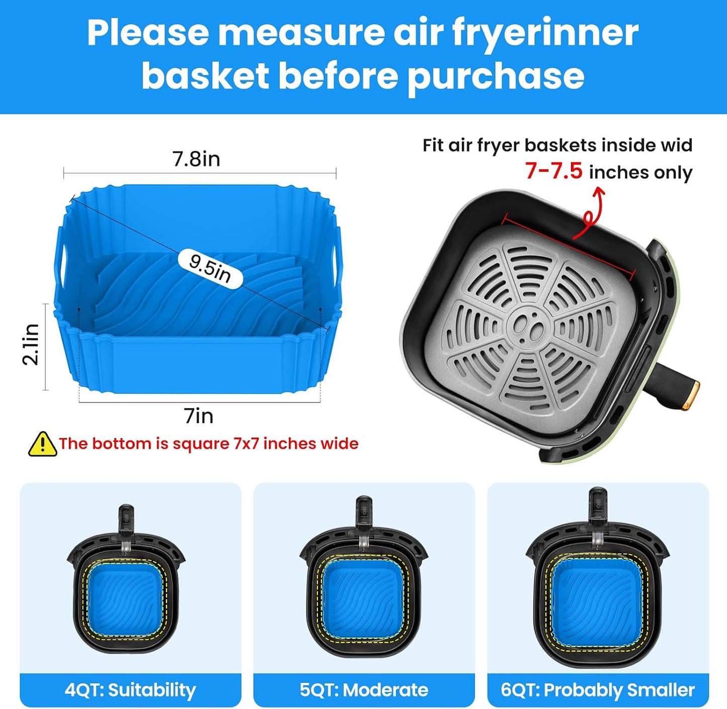 Redfly 2 Pack Silicone Air Fryer Liners, Square Reusable Non-Stick Basket Inserts for 4-5 QT Air Fryers, Dishwasher Safe Parchment Paper Replacement Accessories Gray & Black