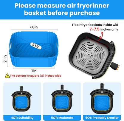 Redfly 2 Pack Silicone Air Fryer Liners, Square Reusable Non-Stick Basket Inserts for 4-5 QT Air Fryers, Dishwasher Safe Parchment Paper Replacement Accessories Gray & Black
