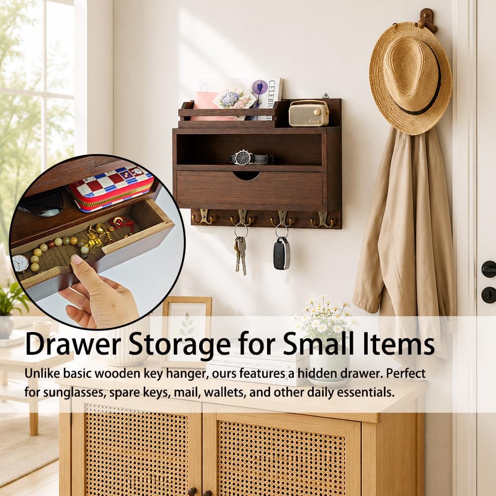 Key and Mail Holder for Wall, Wooden Key and Mail Organizer | Decorative Paulownia Wood Key Rack with Drawer and 8 Hooks for Dog Leash and Sunglasses, for Bags, Coats, Umbrella