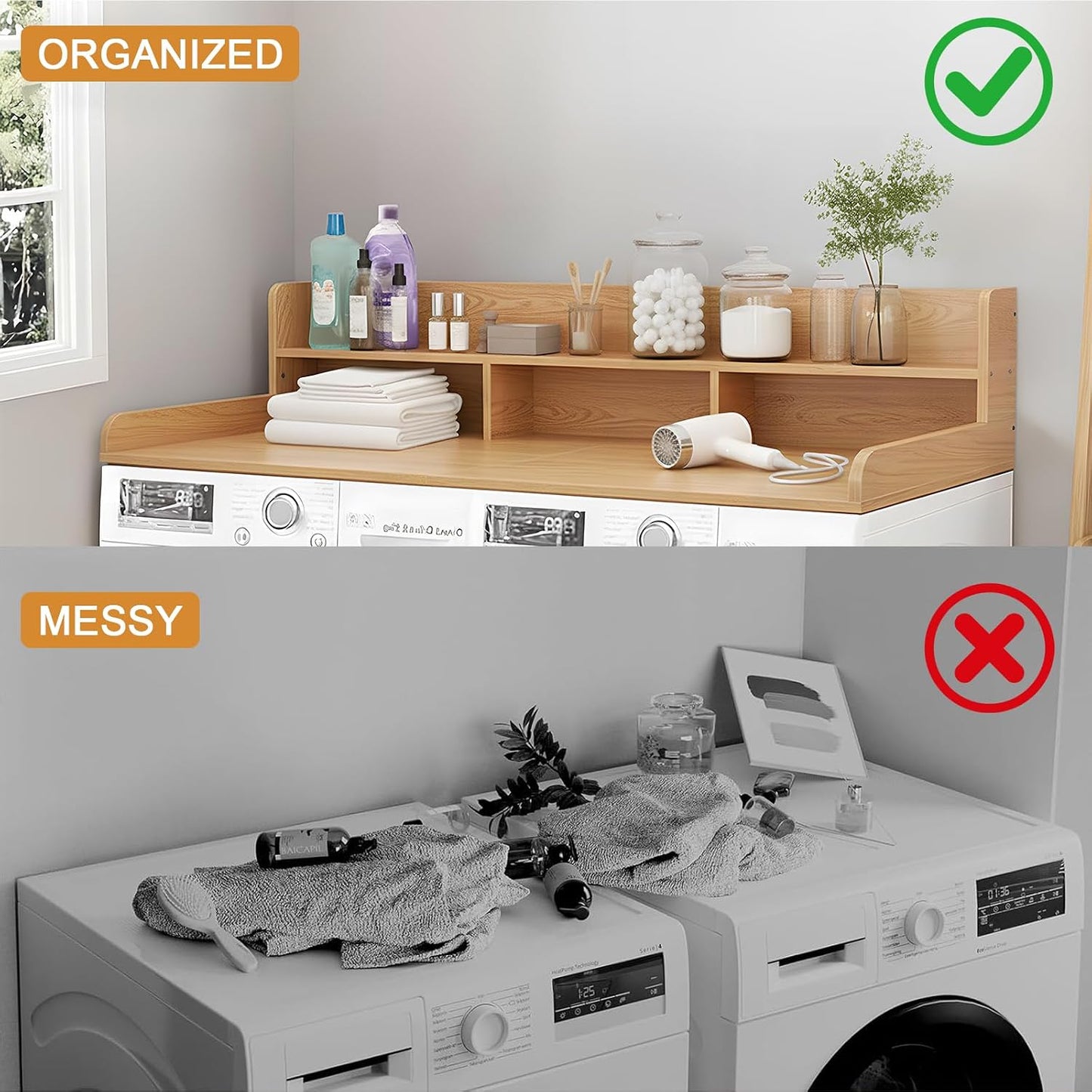Washer Dryer Countertop with Shelf, 2-Tier Laundry Countertop Over Washer and Dryer, 54" x 27.55" Wooden Table for Folding Clothes for Laundry Room Organization and Storage (Oak)