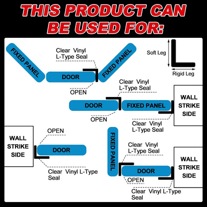 2 Pcs L-Type Seal Strip 3/8'' X 73'' Clear Vinyl Glass Shower Door | Self-adhesive for Easy Install, Water Dam at Shower Bottom Threshold, Fits Frameless Glass Gaps, Prevents Bathroom Leaks