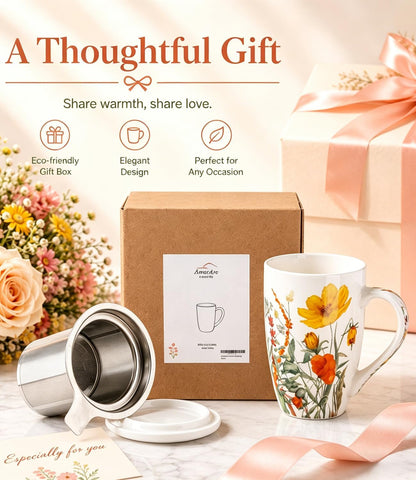AmorArc Tea Cup With Infuser and Lid, 18oz Loose Leaf Tea Mug With Steeper | Porcelain Tea Mug With Infuser and Lid, Strainer Tea Cup for Tea Lovers, Home & Office, Housewarming Birthday Gift
