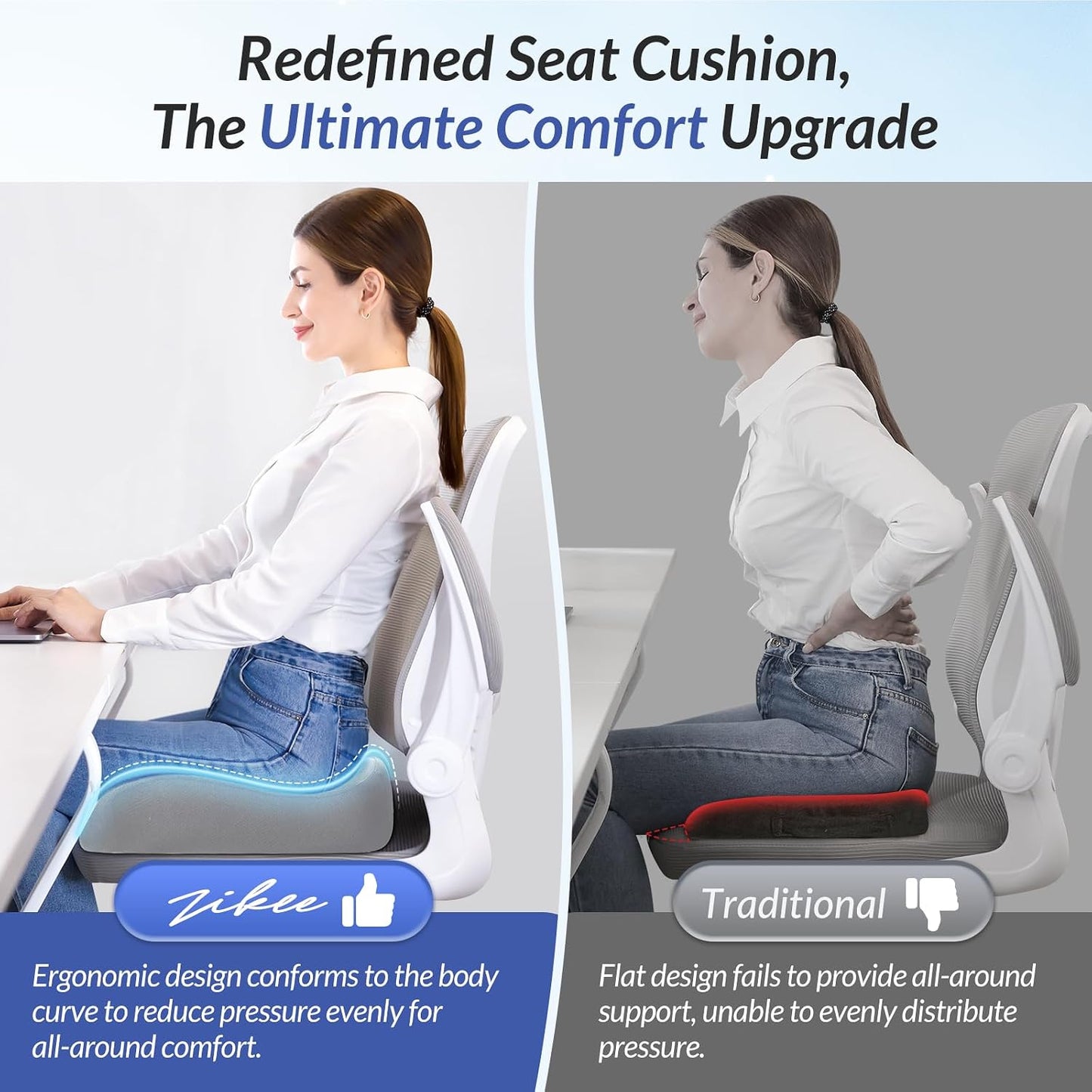 ZIKEE Contoured Ergonomic Seat Cushion for Effective Pain Relief, Non-Slip | Office Chair Cushion for Sciatica, Back, Tailbone Pain Relief, High-Density Memory Foam Car Seat Cushion for Sitting Comfort