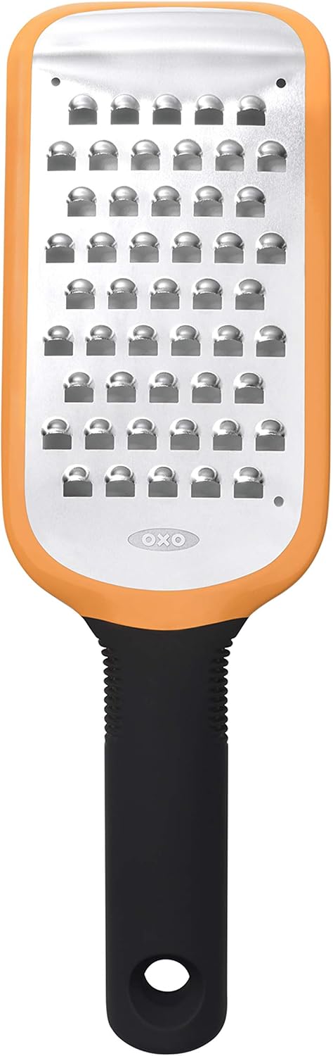 OXO Good Grips Etched Coarse Grater with Handle, Orange | Coarse Kitchen Grater, Sharp Etched Teeth, Non-Slip Handle, Hard Cheese, Vegetables, Chocolate, Easy Grip