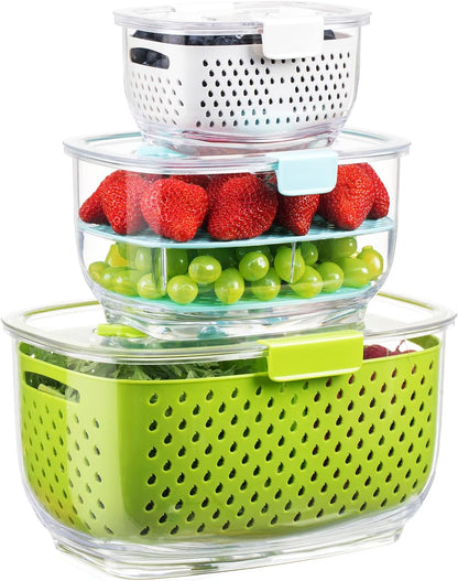 LUXEAR Fresh Produce Vegetable Fruit Storage Containers 3Piece Set, BPA-free, Partitioned Salad Container, Fridge Organizers, Used in Storing Fruits Vegetables, White