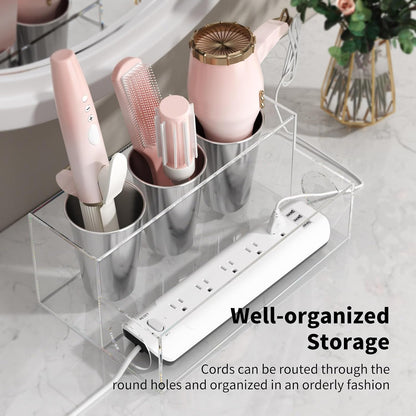 NIUBEE Acrylic Hair Tool Organizer,Hair Dryer Holder Countertop with 3 Cups | Clear, Hot Tools Organizer, Hair Blow Dryer Organizer for Curling Iron, Brush, Straightener, Makeup,Skincare,Vanity, Bathroom