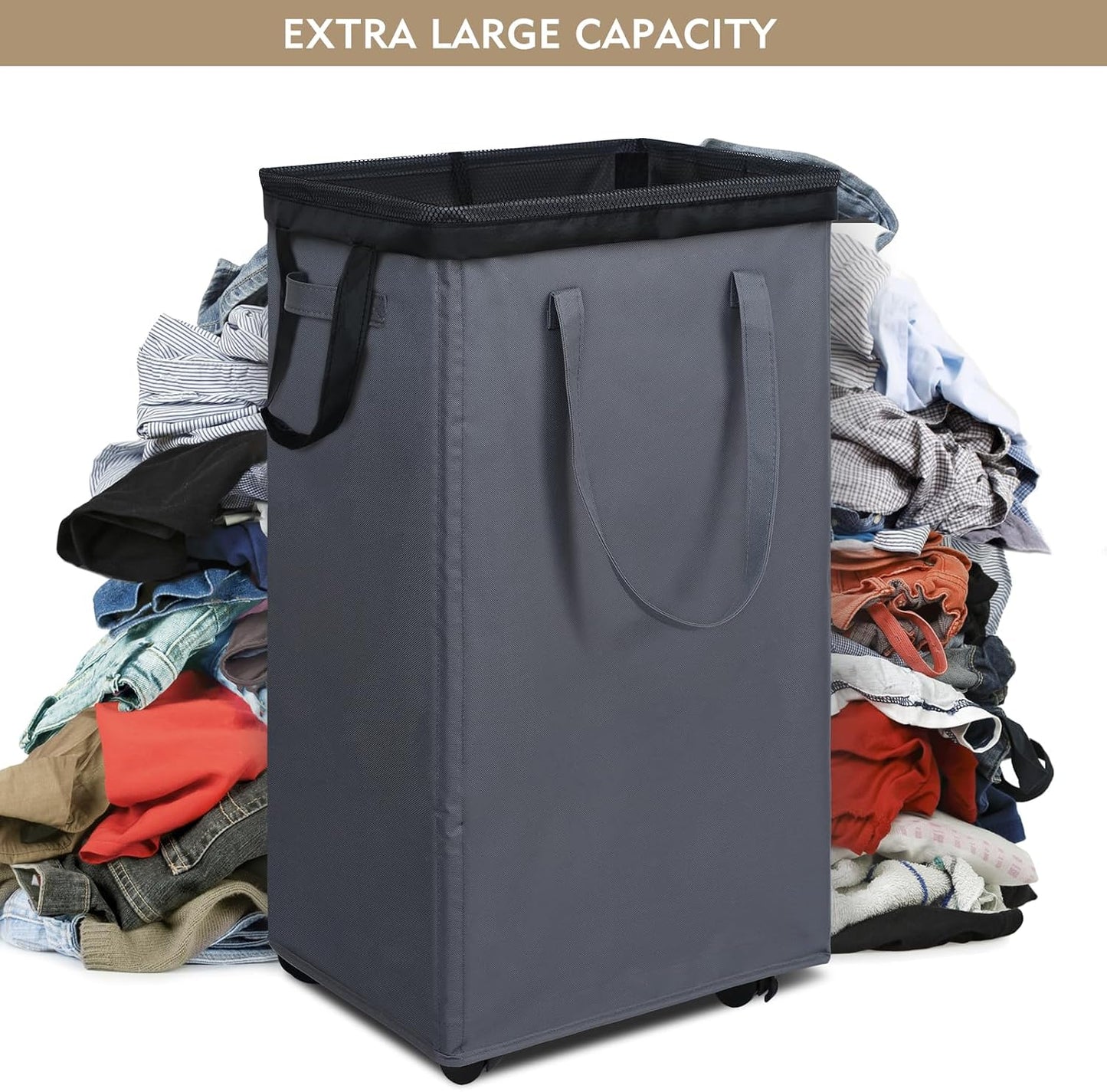 DOKEHOM 25" Slim Rolling Laundry Basket Hamper, Narrow on Wheels, Grey | Collapsible narrow laundry hamper with mesh drawstring closure. Foldable corner clothes storage bin for small spaces