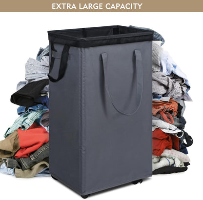 DOKEHOM 25" Slim Rolling Laundry Basket Hamper, Narrow on Wheels, Grey | Collapsible narrow laundry hamper with mesh drawstring closure. Foldable corner clothes storage bin for small spaces