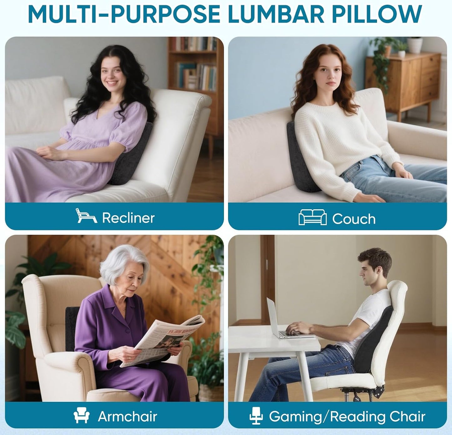 Lumbar Support Pillow for Recliner and Couch, Ergonomic Back Support Pillow | Dual-Layer Memory Foam, Soft Velvet Cover, Lower Back Pain Relief, Back Cushions for Recliner, Sofa & Gaming Chair