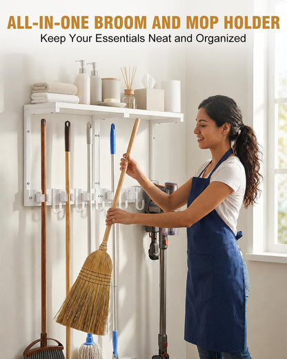 Large Broom Holder Wall Mount with Shelf, Vacuum Organizer, 5 Slots 5 Hooks | Black, 3-In-1 Wall Mount Stores Brooms/Mops/Vacuum, Cleaning Supplies With 5 Grippers/5 Hooks And A Sturdy Wooden Top Shelf