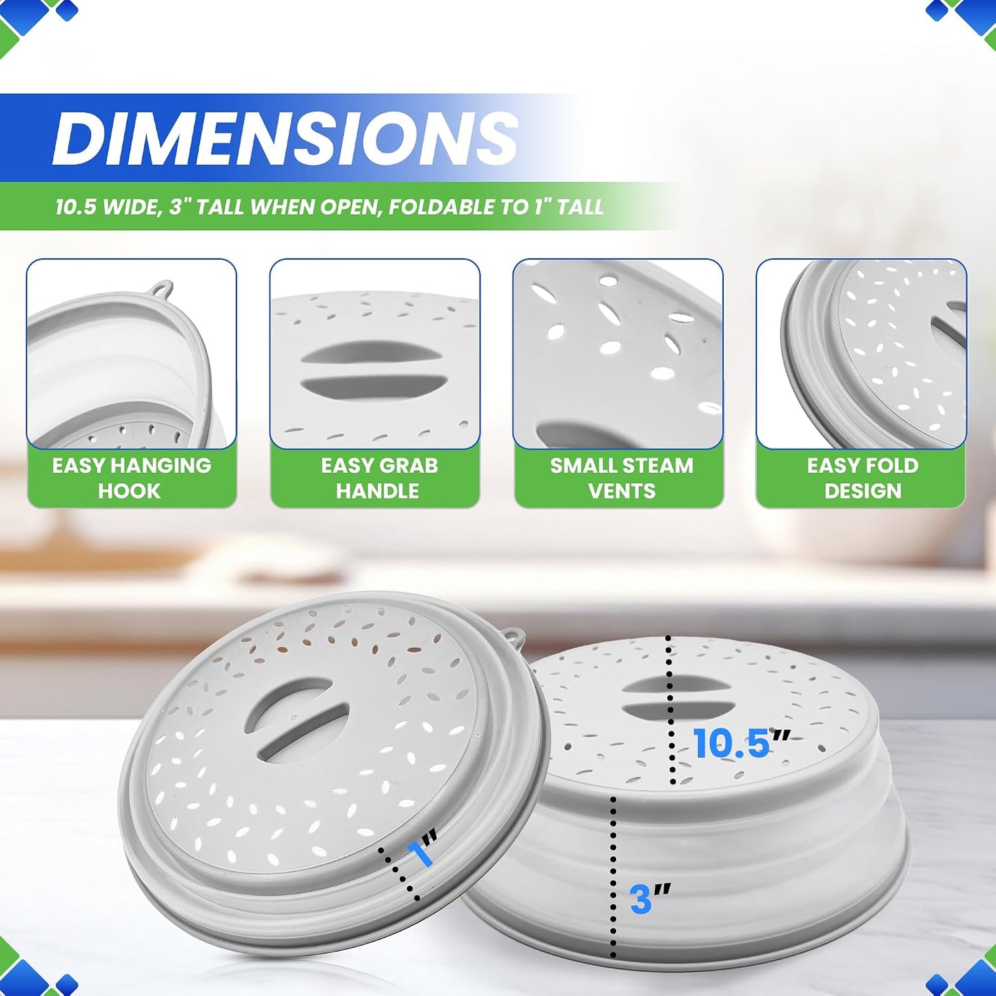 Microwave Splatter Cover 10.5” - Foldable Silicone Microwave Cover for Food | Splatter Covers the Dish and Plate - Durable Silicone Microwave Food Cover Lid With Vents for Microwave Splatter Protection
