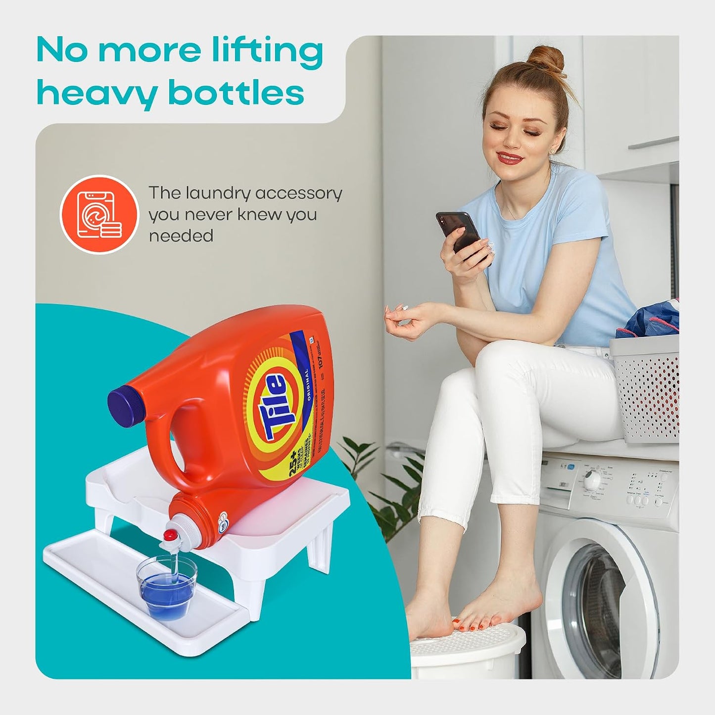Skywin Laundry Detergent Holder Shelf for Laundry Room - 1 Pack - White | Holds 2 Bottles, Easy Pouring, Rubber Feet, Angled Stand, Fabric Softener Dispenser for Laundry Room Organization & Storage
