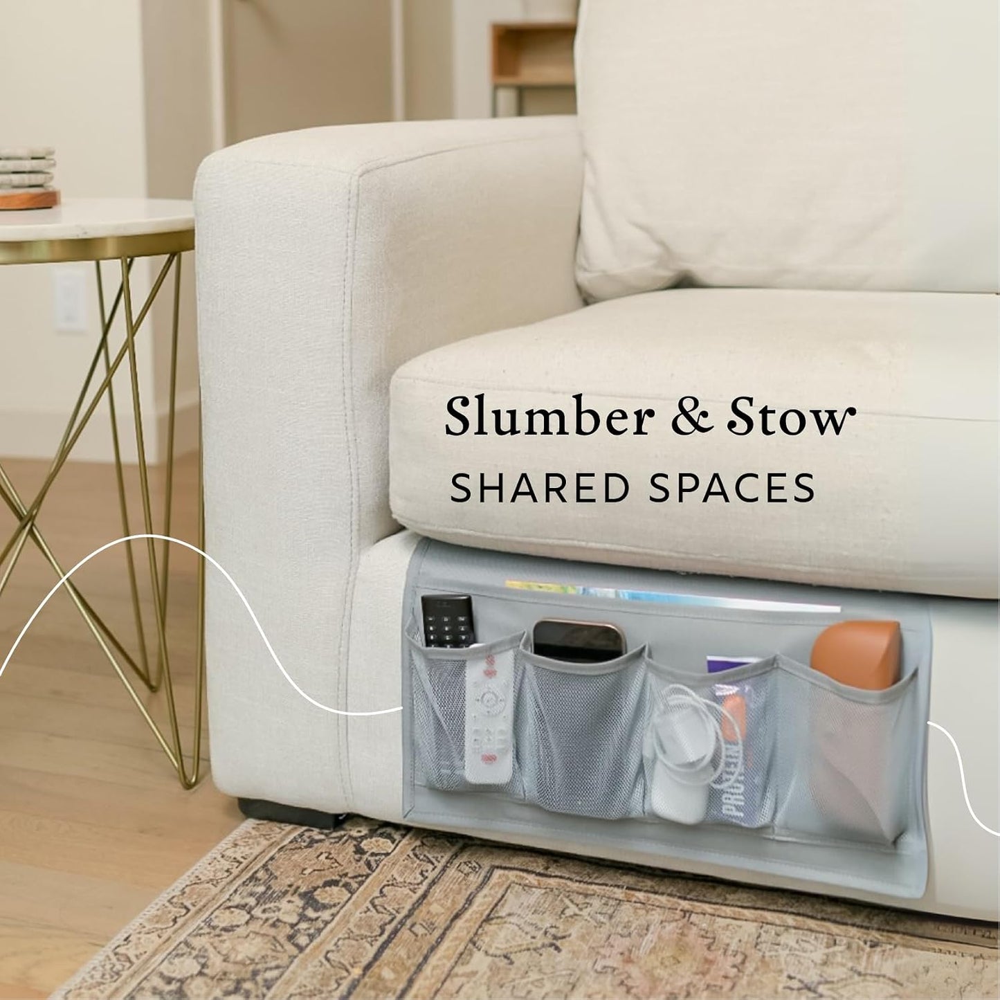 Houseify Slumber & Stow Hanging Bedside Caddy Organizer, 5 Pockets | Bed caddy, couch caddy, mesh storage for phones, tablets, remotes, books, glasses, bunk beds, RVs, dorm rooms, 10"x17.3"