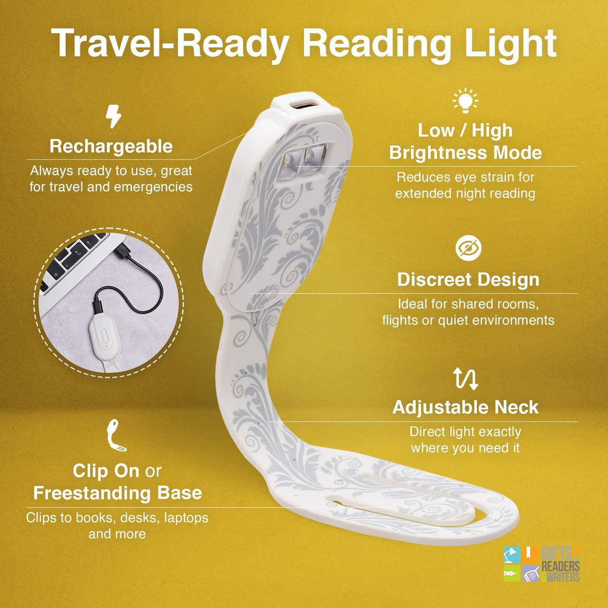 Gifts for Readers & Writers Rechargeable Book Light for Kids, Clip On Reading Light for Bed, 2in1 Flexilight Pals & Bookmark, 12 Hours of Light Once Charged, Includes USB Cable & 2 LED Lights, Dog
