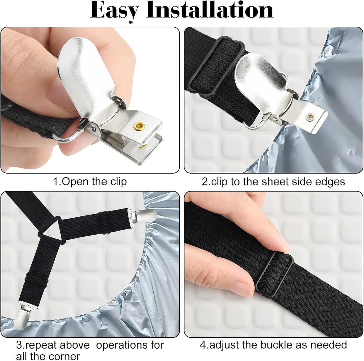 Morcheiong Bed Sheet Fasteners Straps - 4 Pack Adjustable Bed Sheet Holder Strap for Bedding Stays Bedsheet Tie Downs - Black