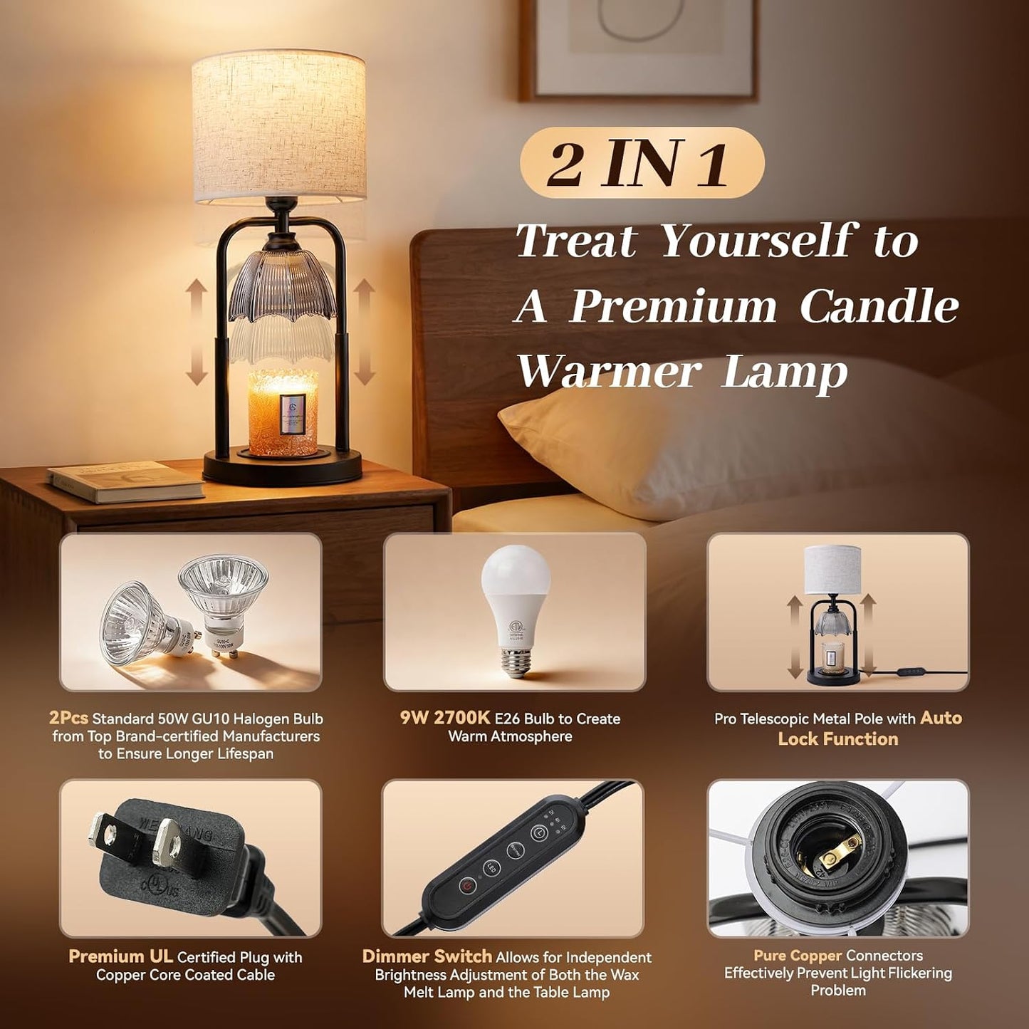 Table Lamp Candle Warmer Flameless 2.5- 6.5in Height Adjustable Timer Dimmer Wax Melt Warmer Lamp for Large 3 Wicks Jar Candles Modern Bedside Lamp for Mothers Day House Warming Home Decor Living Room