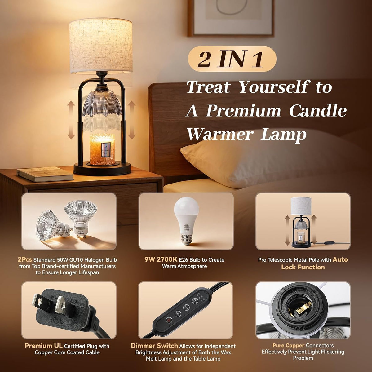 Table Lamp Candle Warmer Flameless 2.5- 6.5in Height Adjustable Timer Dimmer Wax Melt Warmer Lamp for Large 3 Wicks Jar Candles Modern Bedside Lamp for Mothers Day House Warming Home Decor Living Room