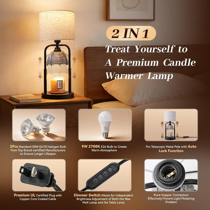 Table Lamp Candle Warmer Flameless 2.5- 6.5in Height Adjustable Timer Dimmer Wax Melt Warmer Lamp for Large 3 Wicks Jar Candles Modern Bedside Lamp for Mothers Day House Warming Home Decor Living Room