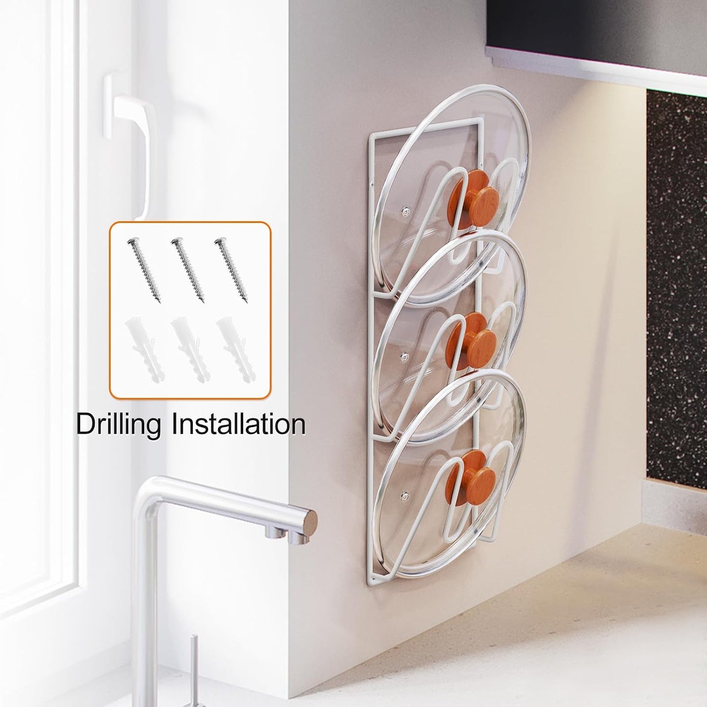 Durmmur 2 Pack Pot Lid Organizer, 6-Tier Lid Holder for Cabinet Door & Wall | Rustproof Metal Lid Organizer with No-Drill Adhesive Mounting for Pot and Pan Lids, Space-Saving Kitchen Storage, Black